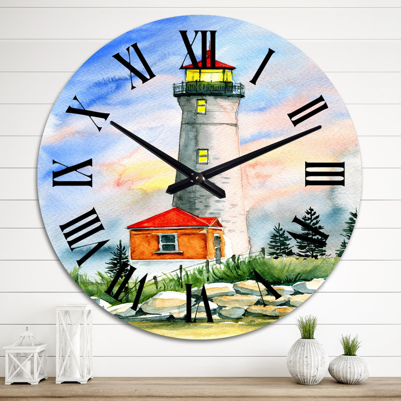 Phare entouré de sapins verts - horloge murale nautique et côtière, Grand