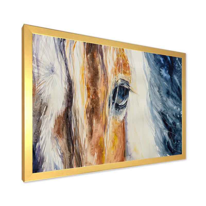 Gros plan sur un magnifique œil de cheval I - peinture sur toile, H 16 po x l 32 po x P 1,5 po, Toile encadrée d'or