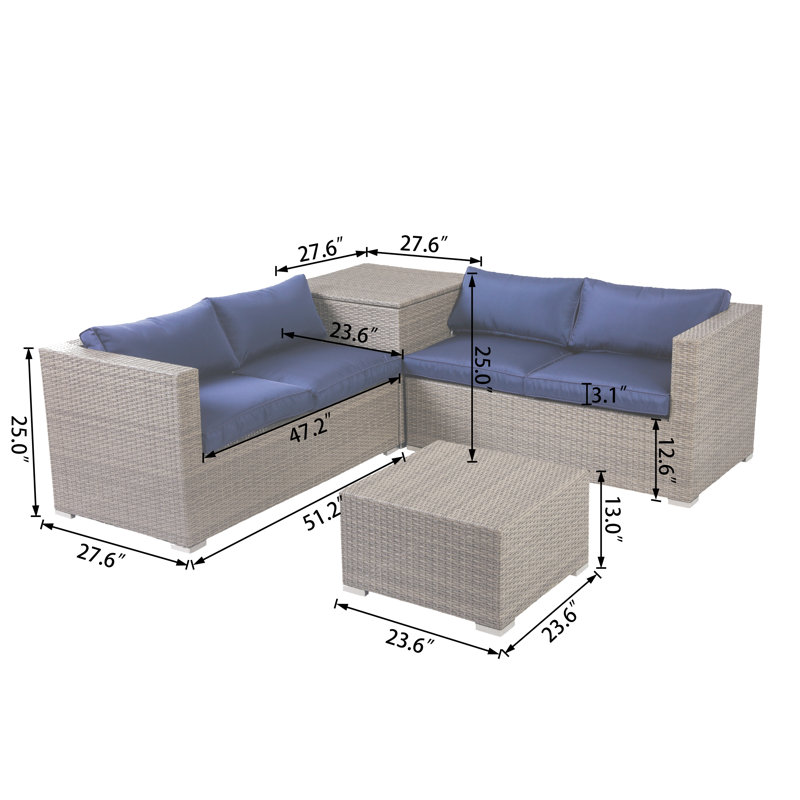 Ensemble modulaire d'extérieur en osier 4 pièces avec coussins bleus PE