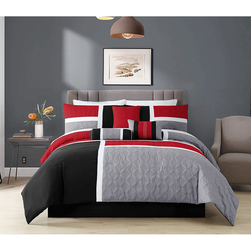 Queen Red/Gray/Black Patchwork Comforter Set
