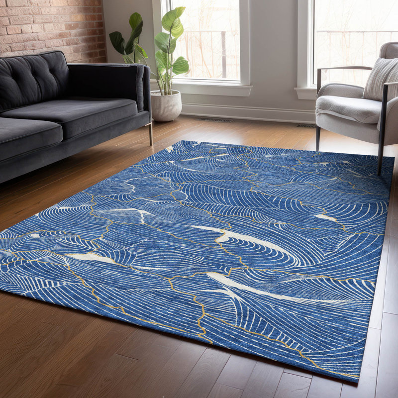 Blue Abstract Crackle Pattern Washable Synthetic Area Rug