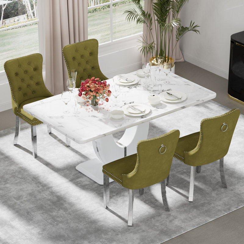 Ensemble de table de salle à manger rectangulaire, 5, Vert olive, Blanc / argenté