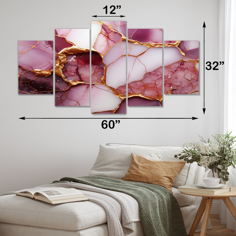 Rose et or rivière de marbre I - art mural abstrait multipanel pour le salon