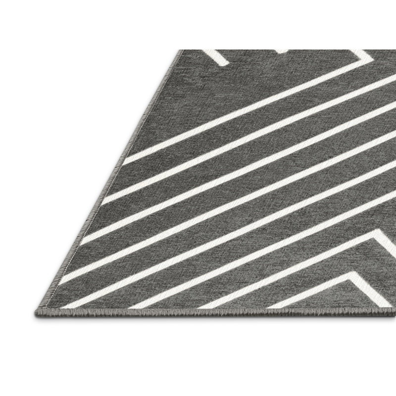 Washable Fog Gray White Striped Area Rug, Round 7'