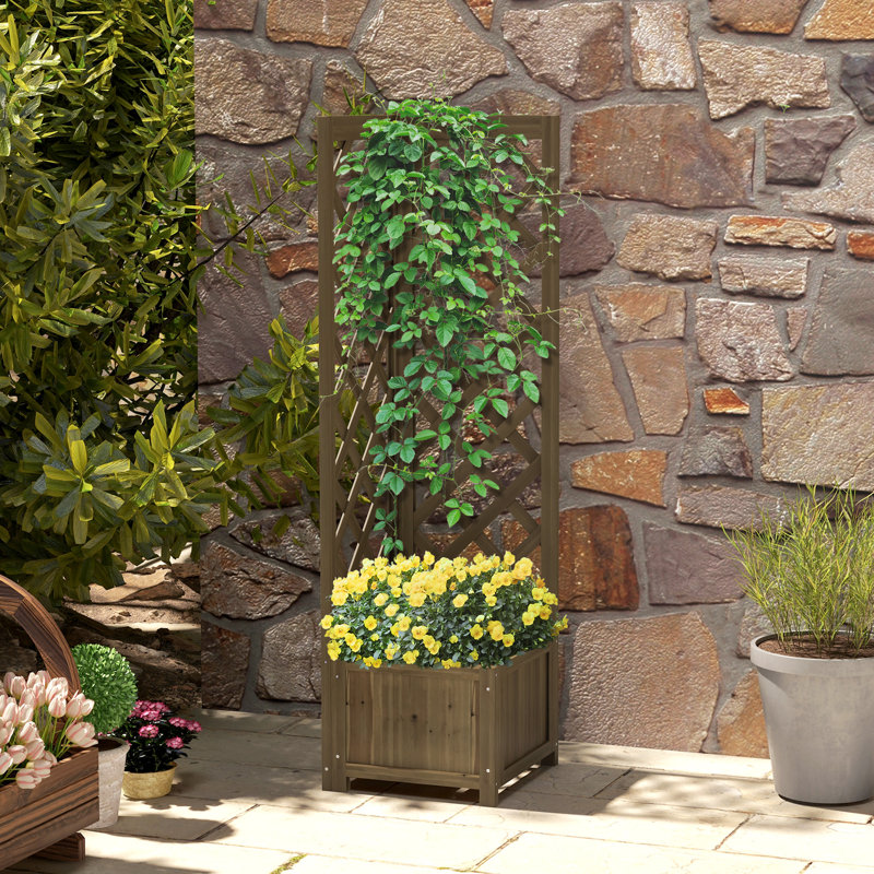 Raised Garden Bed Wood Planter with Trellis, Carbonized, Carbonized