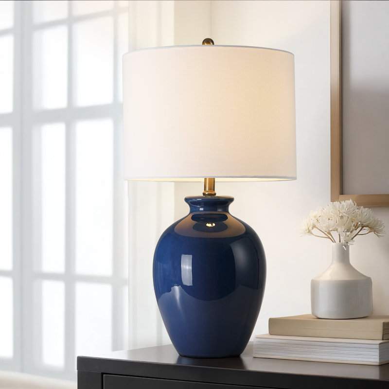 3-way Ceramic Table Lamp With Drum Shade, Blue