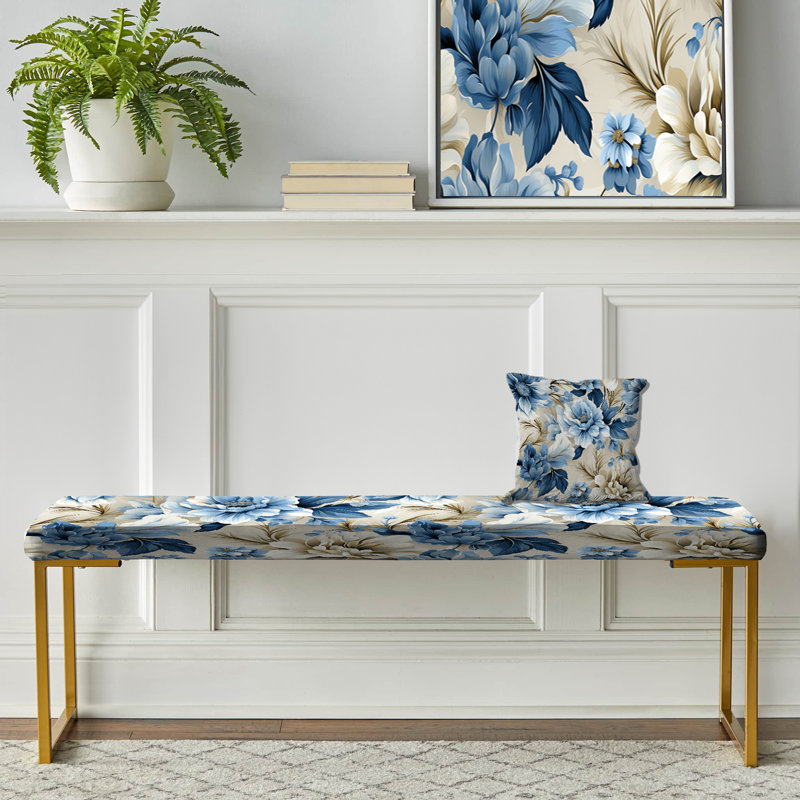 Floral Upholstered Gold Bench, Coastal Tranquility Victorian Pattern VIII