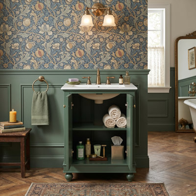 24" Neo-Romantic Freestanding Bathroom Vanity with Centerset Ceramic Sink Top, Precision Carved Double Doors with Soft-Close Hinges, Distinctive Ball-Shaped Solid Wood Legs (3 Finishes)