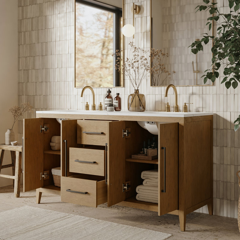 Chelsea 60" Double Bathroom Vanity Set, Brown Oak