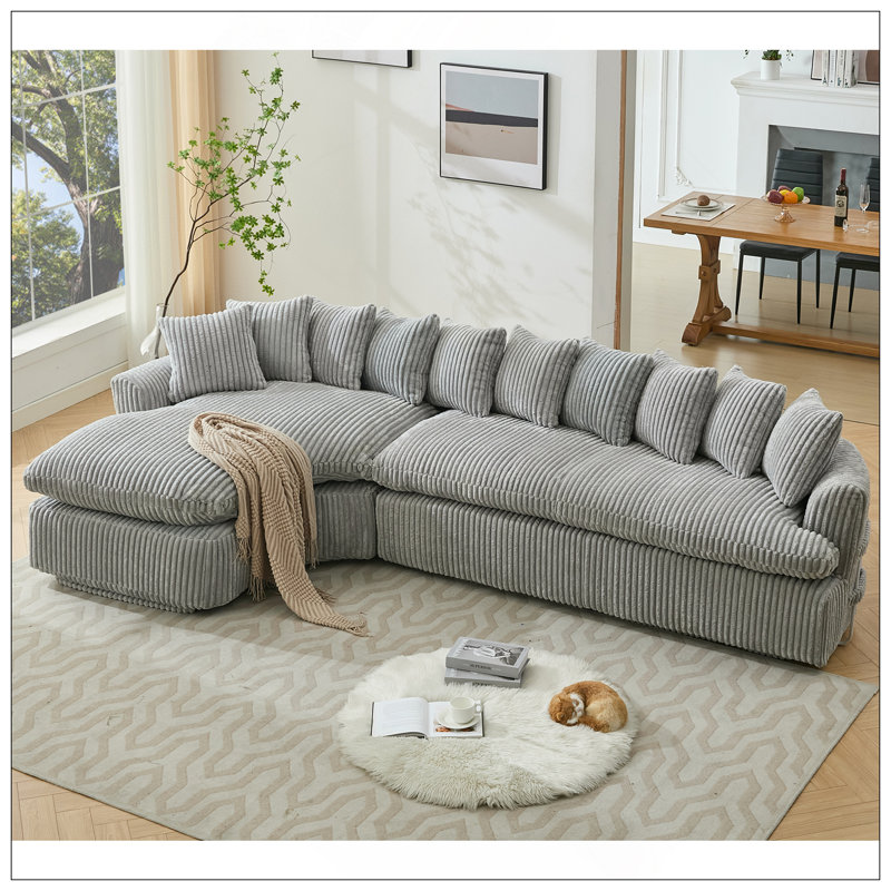 Grand canapé modulaire de 127 po, conception courbée élégante, mousse à haute résilience, dix coussins de dossier, canapé gauche en forme de L, aucun assemblage requis (tissu velours côtelé gris doux)