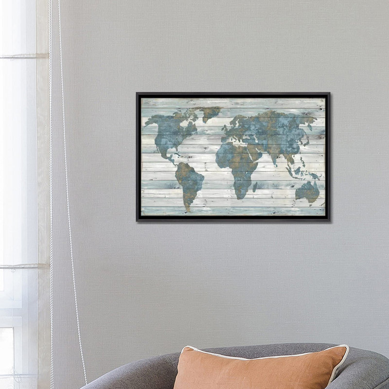 Carte du monde sur bois par Jamie Macdowell - reproduction, H 40 po x l 60 po, Impression sur toile encadrée, Noir