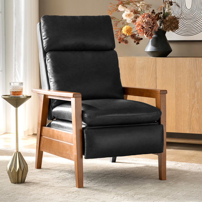 Fauteuil inclinable honorano en cuir végétalien Mid-Century moderne avec structure en bois massif, Similicuir noir
