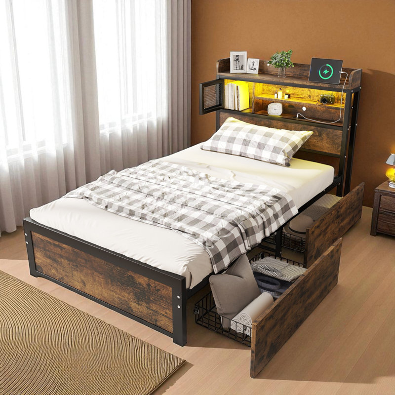 Metal Bed With Led And 2 Drawers Industrial Style, European Single (90 x 200cm)