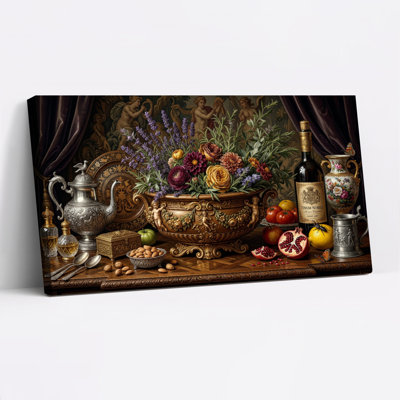 Still Life With Flowers Fruits And Vintage Objects Canvas Wrapped Wall Art Oil Painting Print Set Of 1