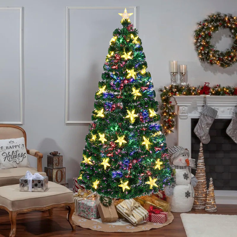 Arbre de Noël illuminé 7 pi avec grandes étoiles et base en métal