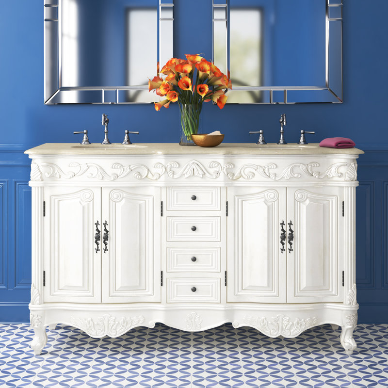 60'' Double Bathroom Vanity with Marble Top, Antique White, Cream