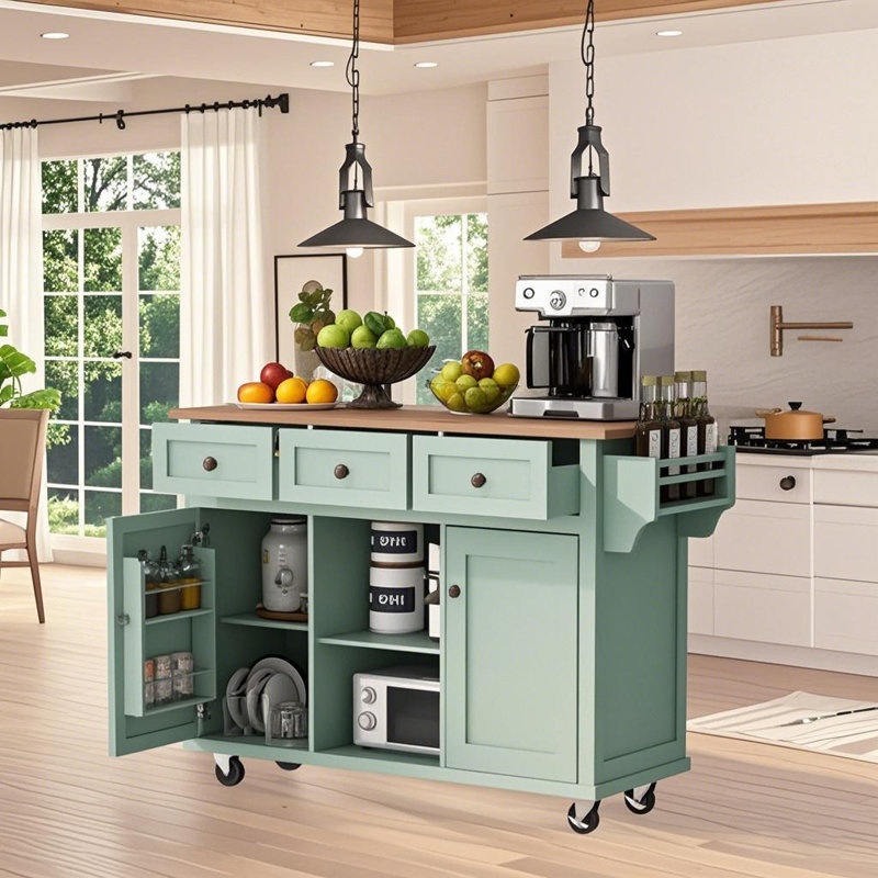 Rolling Kitchen Island Cart with Drawer and Storage Cabinets, Green