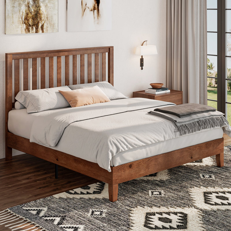 Allare Mid-Century Solid Wood Bed Frame with Headboard, Walnut, Queen