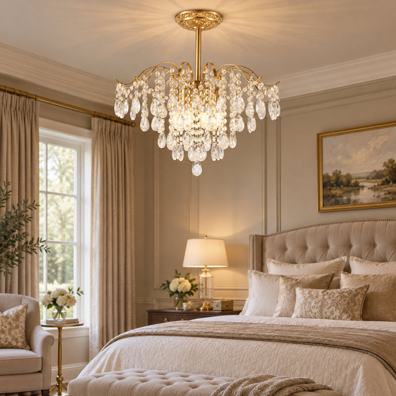 Lustre en fer doré et cristal à 6 lumières de 50 cm (19,7 po) avec chaîne réglable pour salle à manger, salon et entrée, gold