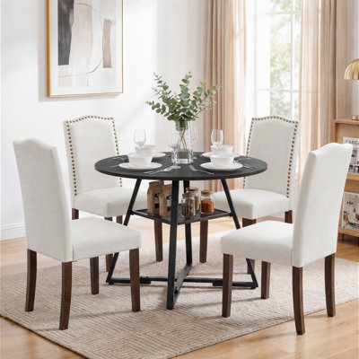 Industrial Kitchen Table and Chairs Set with Mesh Storage Shelf, Modern Dining Room Set with Upholstered Solid Wood Chairs for Home