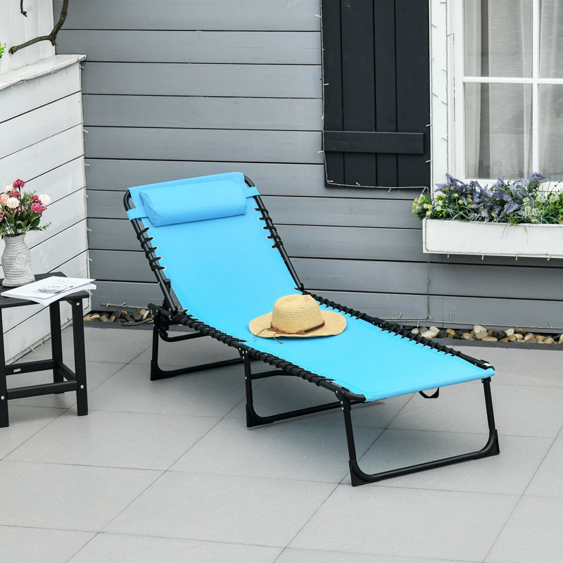 Blue Poolside Lounge - Folding Chair With Adjustable , Breathable Mesh, For Patio, Beach Yard Sun Lounger Foldable Chaise Seat, 4 Back Positions, Pillow,