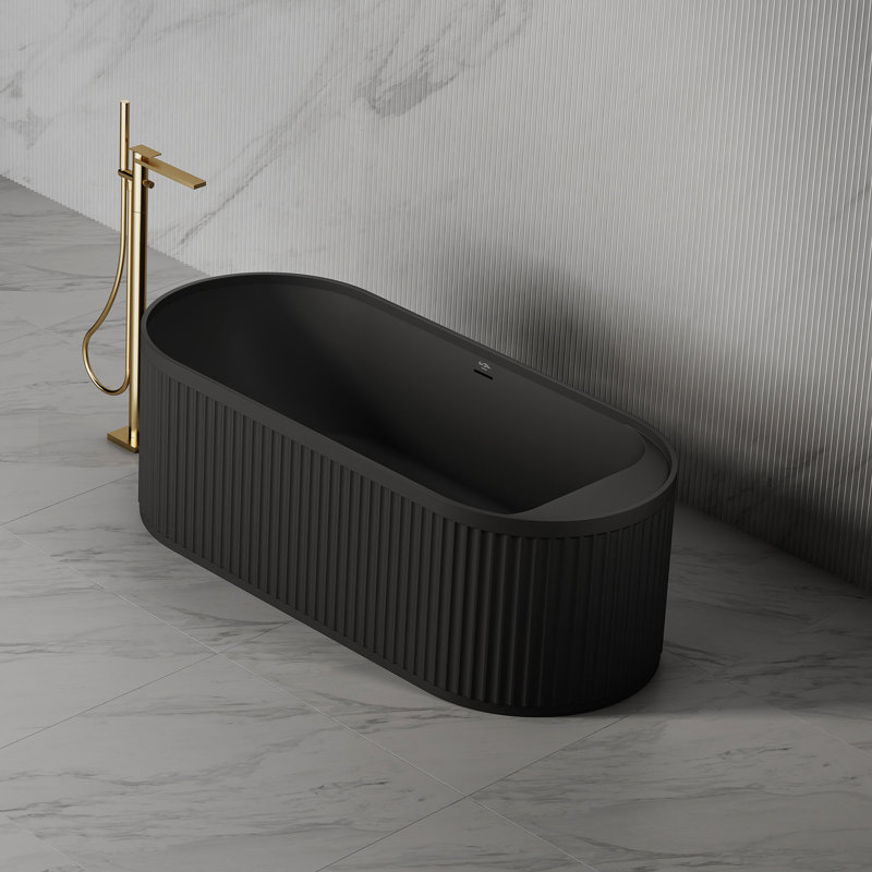 Baignoire de trempage autoportante 67 po x 28 po à surface solide noir mat avec trop-plein et bonde escamotable pour salle de bain MonBlari