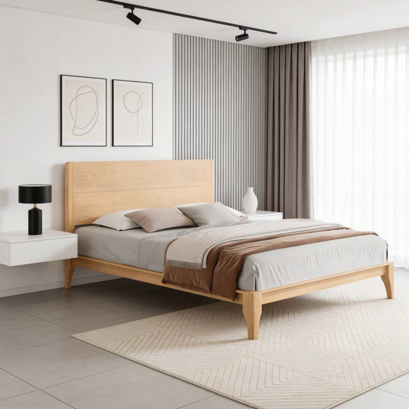 Grand lit plateforme en bois de bambou Mid-Century moderne de 12 pouces avec support en lattes de bois