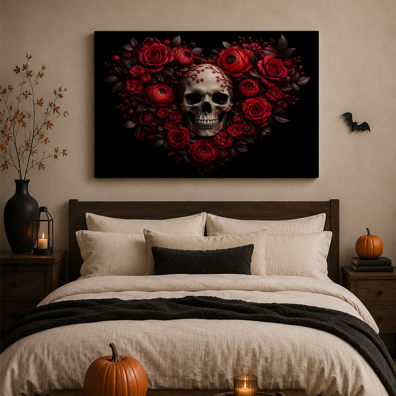 «Red Rose Heart» en forme de couronne entourant un art d'Halloween sur toile, H 20 po x l 30 po