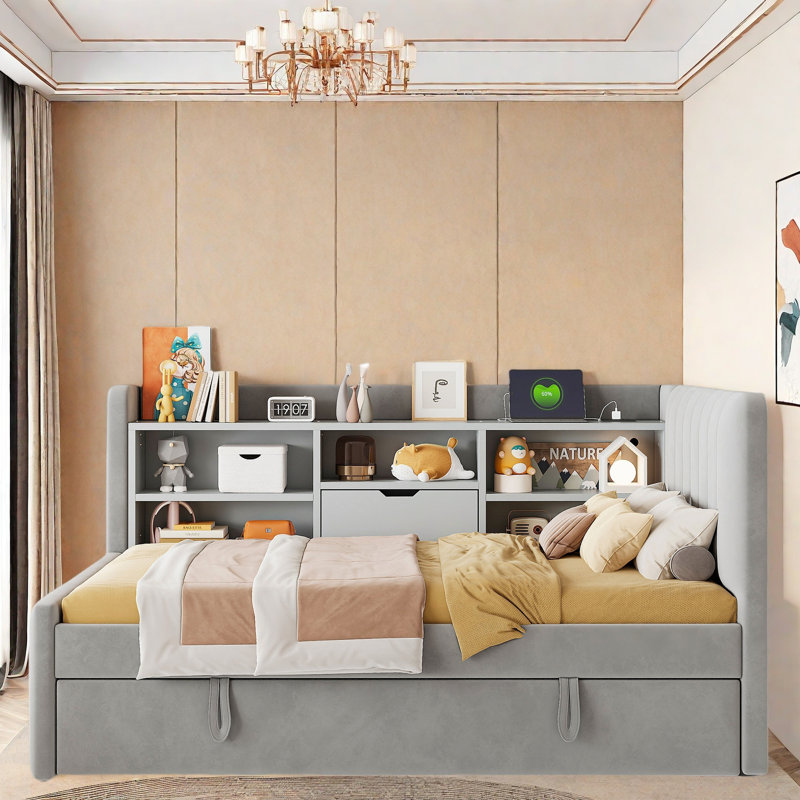 Upholstered Daybed With Trundle, Storage Shelves, Usb & Outlet And Vertical Striped Design, Beige