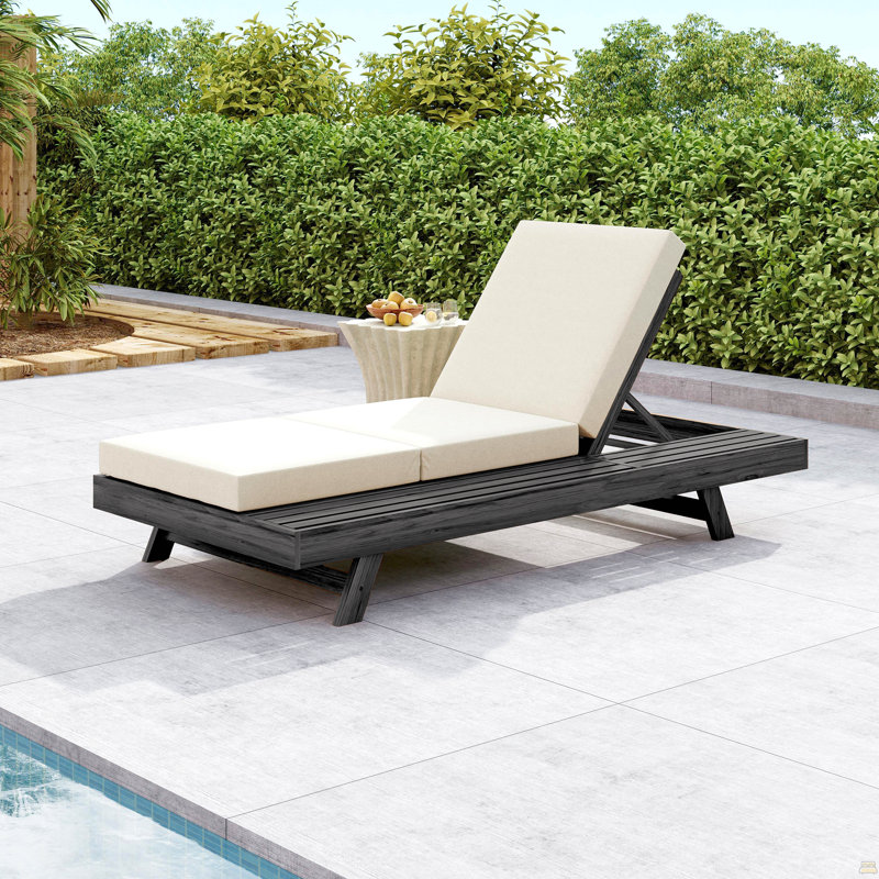 Lounge Chaise Set, Space Available On One Side, Acacia Solid Wood In Black With Lounge Cushion (Cream & Triple Fold), Cream