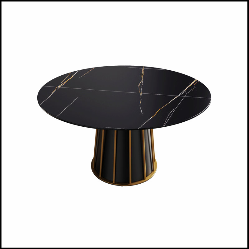 Table de salle à manger moderne en pierre artificielle ronde avec base en fer noir, six places, design élégant et durable