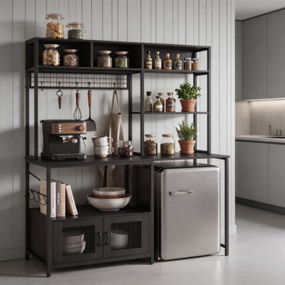 Grand support de boulanger en bois aggloméré noir avec armoire de rangement, table de préparation de cuisine industrielle, support à micro-ondes avec tablettes