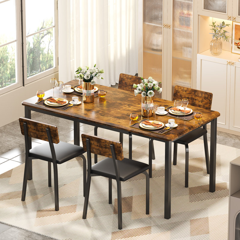 Extendable Drop Leaf Dining Set With 4 Upholstered Chairs, 63" Kitchen Table Set For 4-8 People , Mdf Wood, Rustic Brown