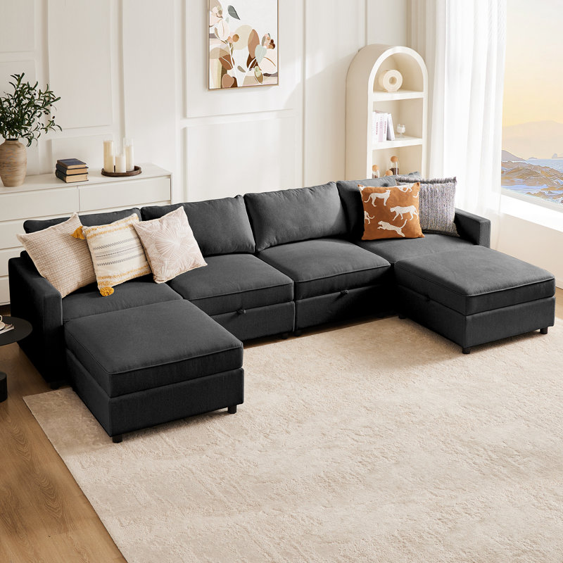 Tienna 6 - Piece Upholstered U-Shaped Modular Sectional Couch with Under Seat Storage, Gray Polyester Blend