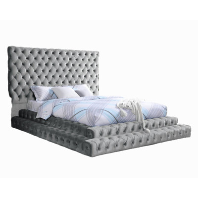 Contemporary Style Fully Upholstered Frame Gray Color King Size Bed Tufted Oversized Headboard Bedroom Furniture Platform Bed