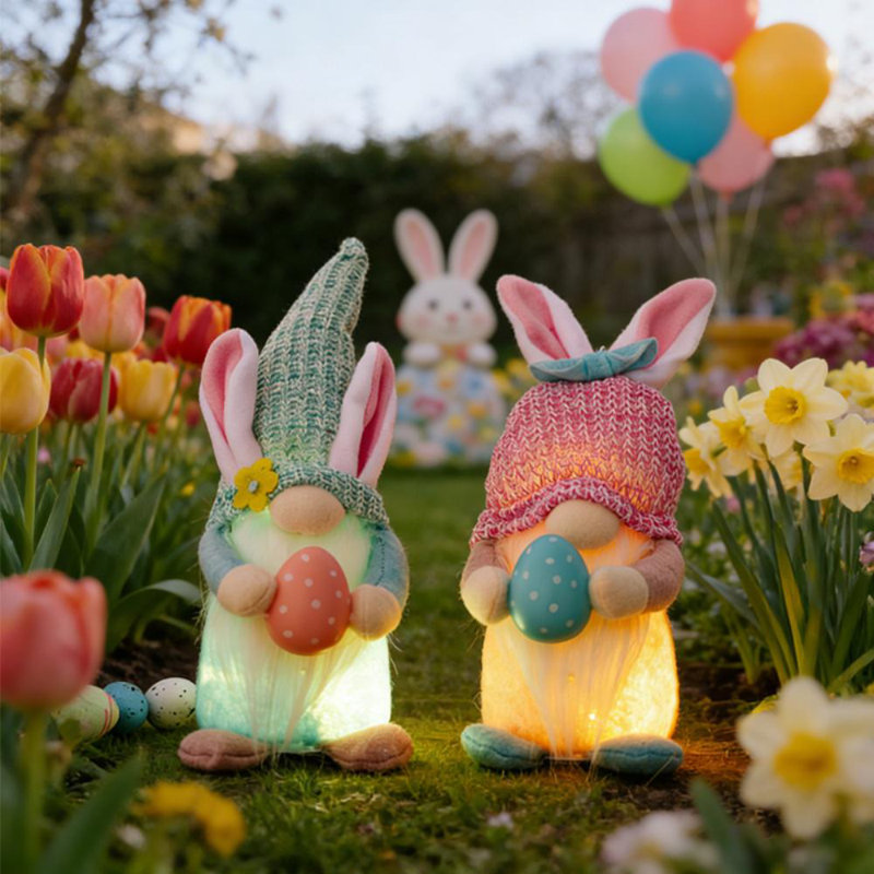 2 pièces de gnome de Pâques sans visage, 11,8 po de lapin incandescent tenant des œufs, décoration de fête (ensemble de 2)