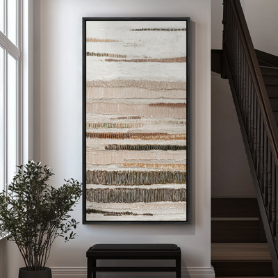Neutral Horizontal Stripes in Beige and Brown - Large Framed Canvas Master Bedroom Wall Art Print