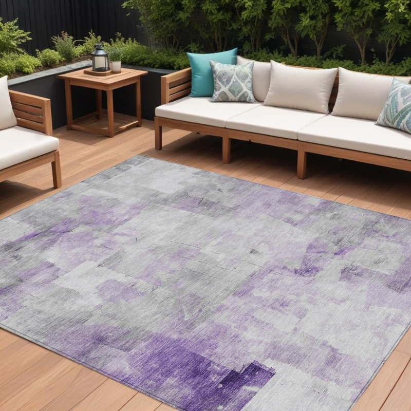 Tapis extérieur lavable abstrait gris et ivoire 10 pi x 14 pi lavande