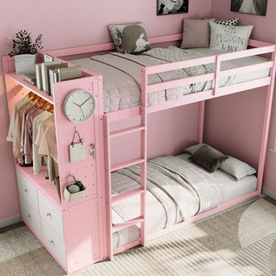Pink Twin Bunk Bed With Integrated Wardrobe, Smart Illumination, 4 - Drawer Storage And Dual For Organized Living Hanging Rail Deep Drawers, Three Color Options Elegant Bedrooms