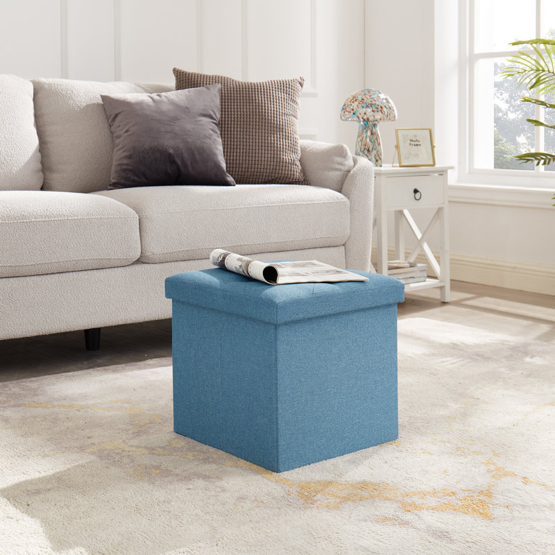 Trautman Upholstered Ottoman, Blue Polyester Blend