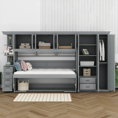 Twin Size Murphy Bed With Integrated Wardrobe, Desk, Overhead Cabinets Shelvesand 6 Storage Drawers, Space-Saving Wall Bed For Small Rooms