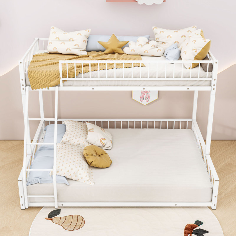 Metal Bunk Bed With Ladder & Guardrails, Detachable Design, White, Twin XL Over Queen