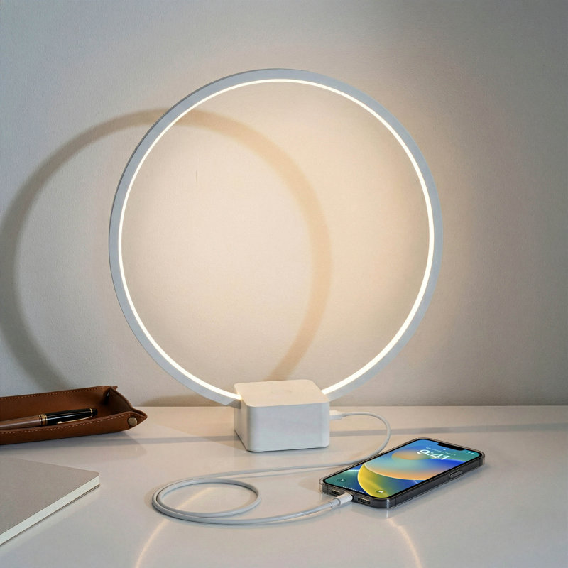 Lampe de table moderne à DEL intégrée avec gradateur à 3 voies et port de charge USB, finition blanche Circle, Blanc