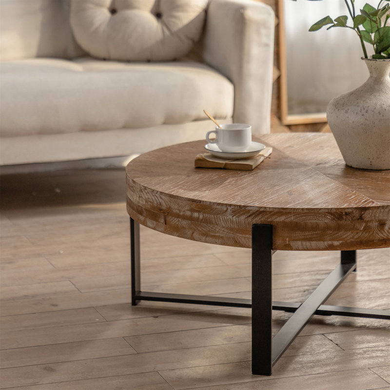 Briyan Round  Coffee Table Fir Wood Table Top with Cross Legs Base,Cocktail Table,Living Room Table, Gold, Natural