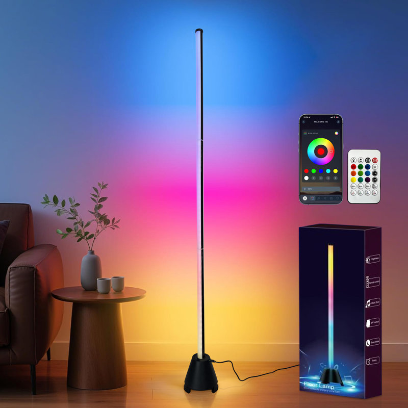 Lampe sur pied d'angle à DEL avec haut-parleur, application de lumière DEL alimentée par USB et télécommande, IC + RVB synchronisée avec musique changeante de couleur, minuterie, lampe sur pied en mode musique, convient au salon, à la chambre à coucher, aux jeux (la télécommande n'inclut pas les piles)