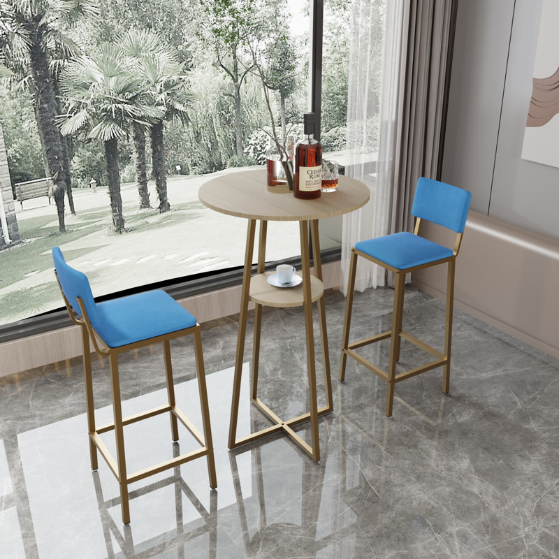 Ensemble trois pièces table de bar et chaises, cadre doré, table de bar avec rangement, Bleu
