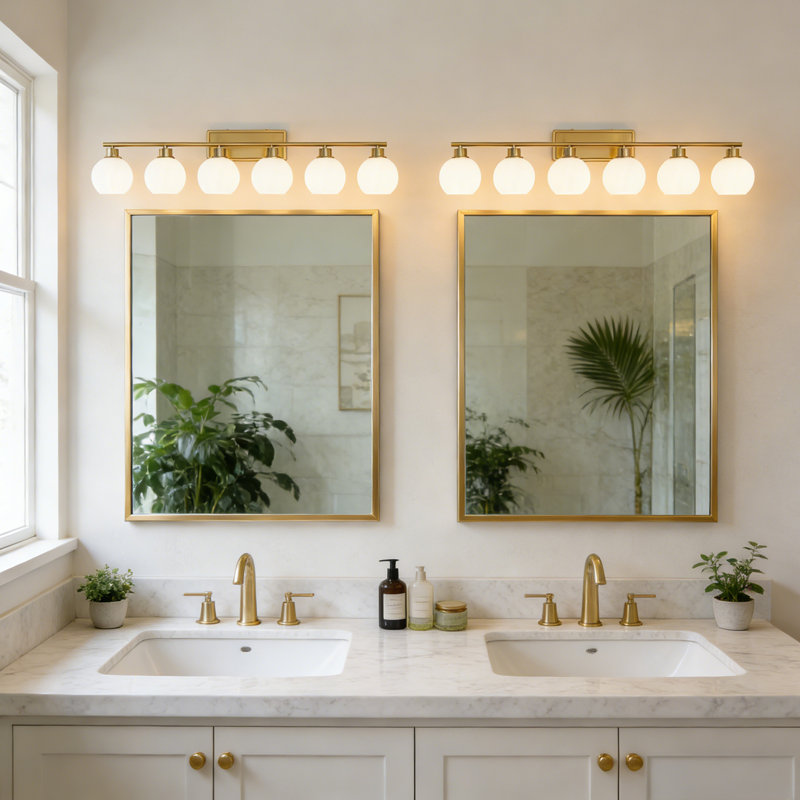 6-Light Gold Bathroom Vanity Light – Opal Globe Shades, Damp Rated, Cri 90+, E26 Base, Dual-Mount Dimmable For Bathroom & Makeup Vanity