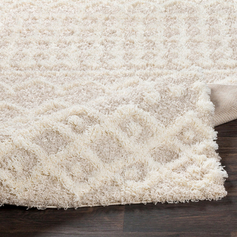 Cream Light Beige Modern Shaggy Rug, Geometric Easy to Clean Rug For Living Room, Dining Room, Bedroom