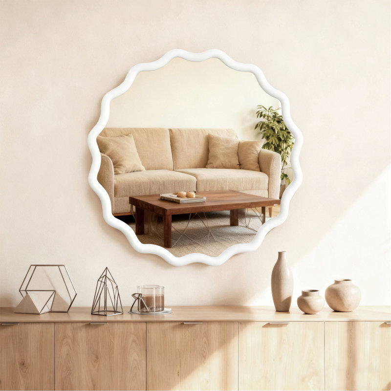 Miroir décoratif rond en bois massif Wavy, 30 po x 30 po, Blanc