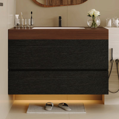 Meuble-lavabo flottant moderne 29,9 po avec comptoir en faux marbre et lavabo encastré en céramique, fixé au mur pour les petites salles de bain et les appartements